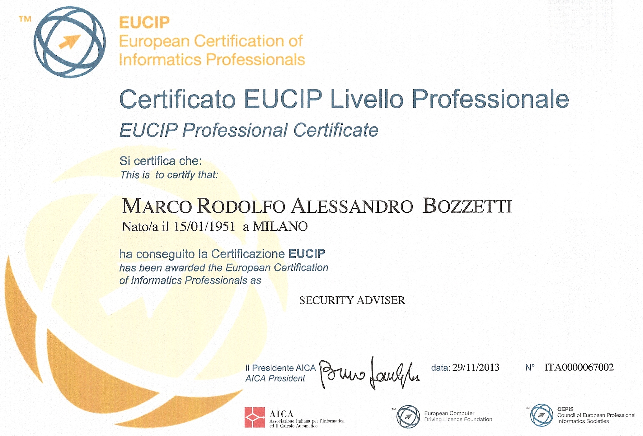 Cerificato Eucip Security Adviser M Bozzetti