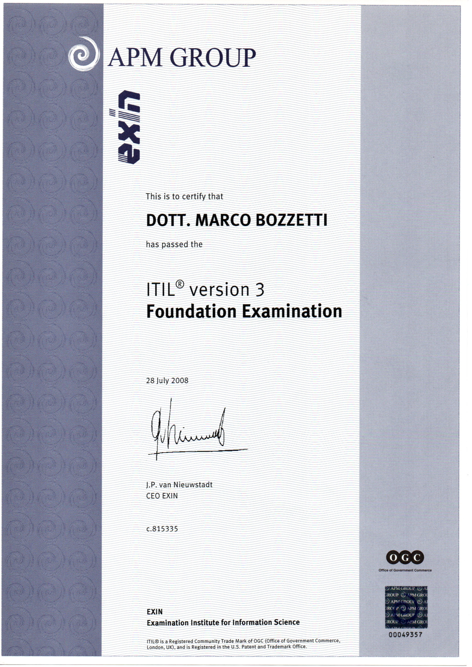Cerificato ITIL v3 Foudation x M Bozzetti 28 7 2008